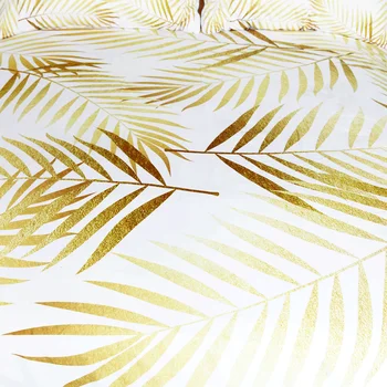 BlessLiving Modern Palm Leaf Bedding Set Tropical Floral Botanic Print Duvet Cover 3pcs Gold White Coastal Life Havana Bed Set 2