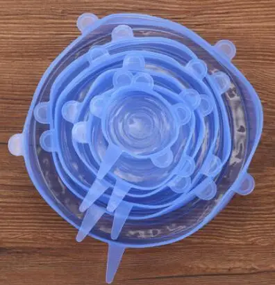 Blue 6 шт Силиконовые эластичные многоразовые крышки, пищевая обертка, миска, миска, тарелка, силиконовая крышка, универсальная крышка для фруктов, еды, свежий кухонный инструмент - Цвет: Blue