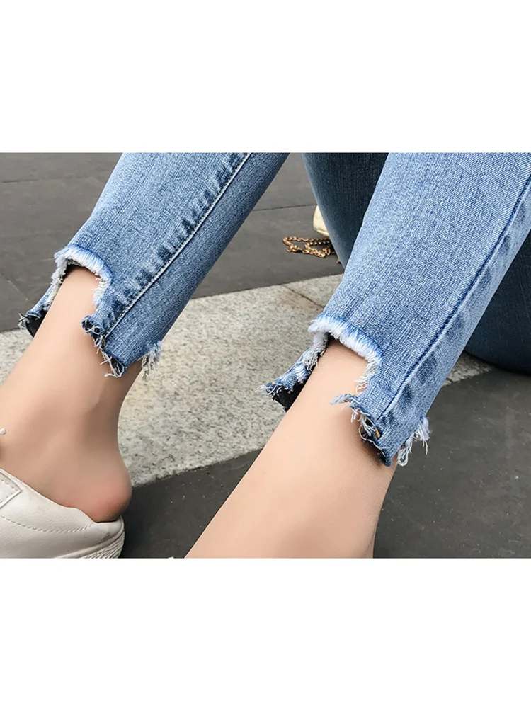 JUJULAND синий Bleach Wash Distressed рок джинсы Для женщин Повседневное Высокая Талия Button Fly