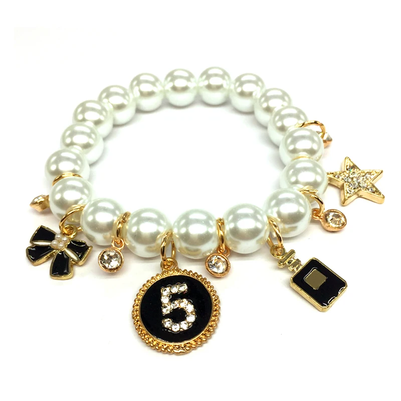 

CNANIYA brand jewelry charm bracelet stretch leaf number 5 tower resin pearl strand bracelets/bijuterias/joias/joyas/joyeria