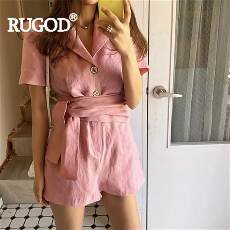 Женский комбинезон RUGOD однотонный хлопковый с отложным воротником и поясом