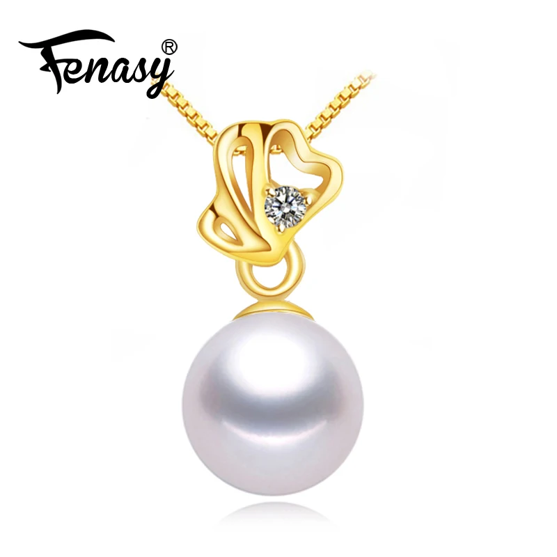 

FENASY 18K Yellow Gold Heart Pendant Pearl Necklace Women Wedding Pearl Jewelry Chain Necklace Send With 925 Silver Necklace