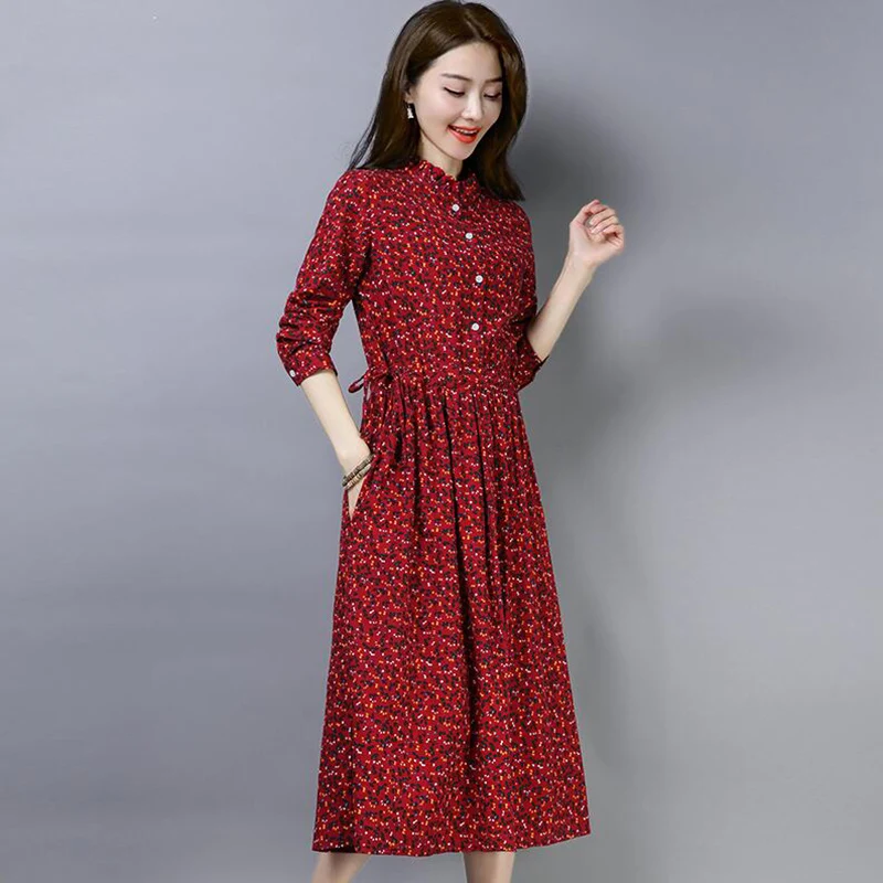 Spring Plus Size A-line Dress 2019 New Women Cotton Linen Casual Floral Printed Dresses Long Sleeved Slim Vintage Vestidos | Женская