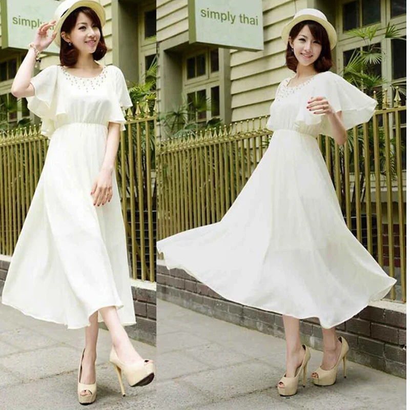 2016 новый полурукав элегантный богемы платье пляж шифоновое длиной до пола лето