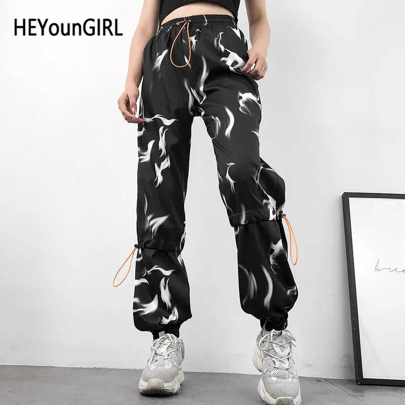Черный HEYounGIRL повседневные спортивные штаны с цветочным принтом в стиле Харадзюку Женские повседневные черные женские брюки эластичные штаны с высокой талией для бега в стиле хип-хоп летние - Цвет: Черный