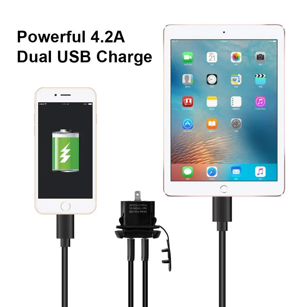 Universal Dual USB Charger Socket for UTV Waterproof Power Outlet 4.2A with Digital Voltmeter Blue LED Light for Marine,Boat