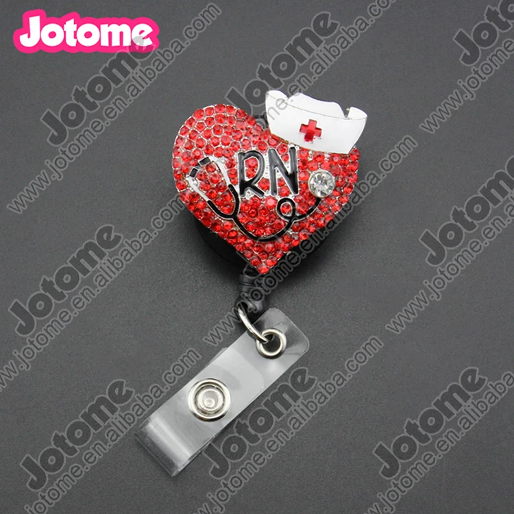 

New Arrival Medical Rhinestone Red Heart RN Stethoscope Nurse Retractable ID Badge Reel