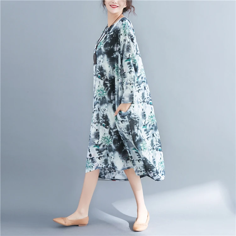 P Ammy Lagenlook живописи тушью хлопок и лен джемпер прямого платье Весна плюс Размеры