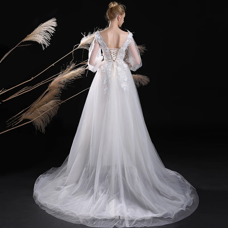 He's Bride White Elegant Evening Dresses V-neck Court Train Floor-Length Appliques Lace Illusion Prom Party Gown Robe De Soiree | Свадьбы