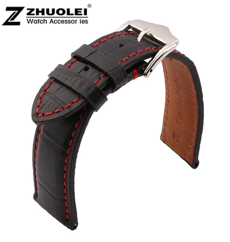 

18mm 19mm 20mm 21mm 22mm 23mm 24mm New Black Genuine Leather Watchband Watch Band Strap Bracelet With Red thread