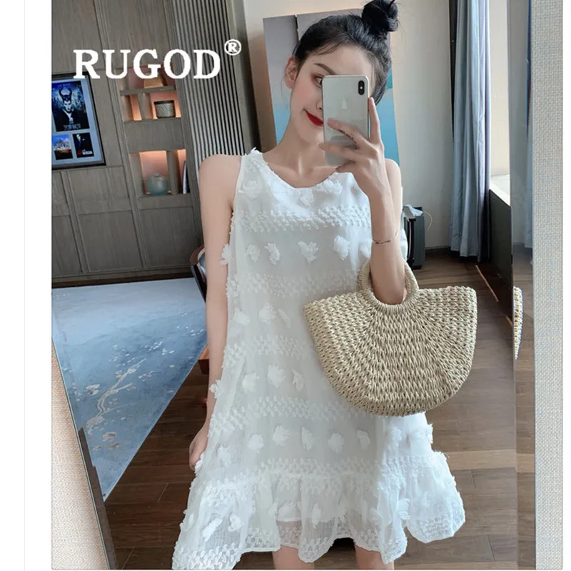 Женское платье с цветочной вышивкой RUGOD белое кружевное свободное оборками в