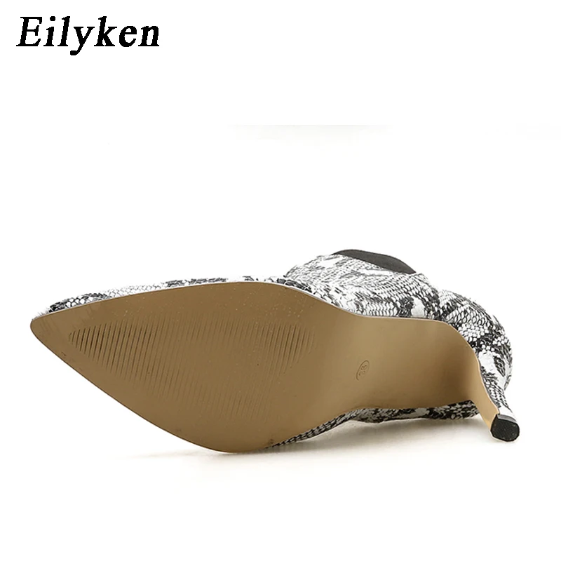 Eilyken/ г. Новые женские ботинки без шнуровки ботильоны для женщин со змеиным принтом на тонком каблуке, модные женские пикантные ботинки с острым носком
