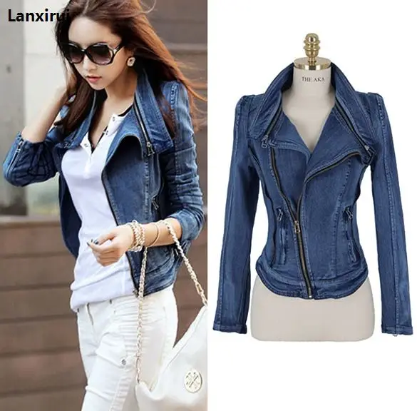 

Denim Jacket Women Fashion Bomber Jacket Punk Lapel Zipper Autumn Winter Jean Jackets Coat Long Sleeve Slim chaqueta mujer