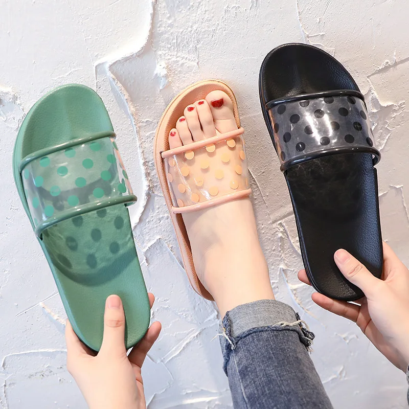 Шлепанцы женские прозрачные в горошек пляжные сандалии с открытым носком для