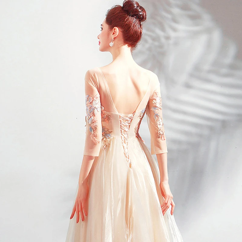 

AXJFU champagne lace flower evening dress luxury Chinese collar lace o neck Fan Princess Bride o neck evening Dress 9212