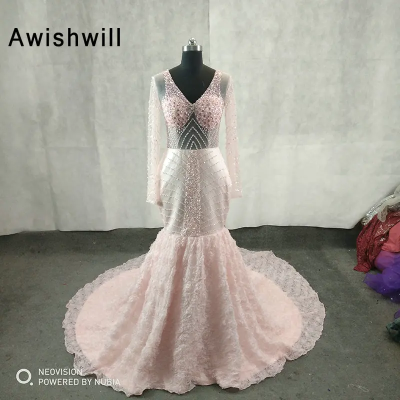 

Реальные образцы розовых вечерних платьев с v-образным вырезом и бисером, кружевное платье русалки для выпускного вечера, сексуальное прозр...