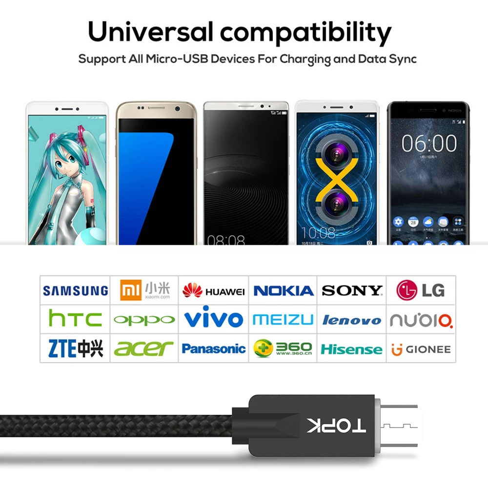 Кабель Micro USB TOPK [5 шт. в упаковке] usb кабель для синхронизации данных из цинкового