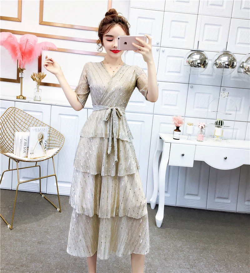 Летнее корейское платье с блестками и v-образным вырезом, тонкое многослойное платье для торта, женское платье средней длины с пятиконечными рукавами и поясом, вечернее платье