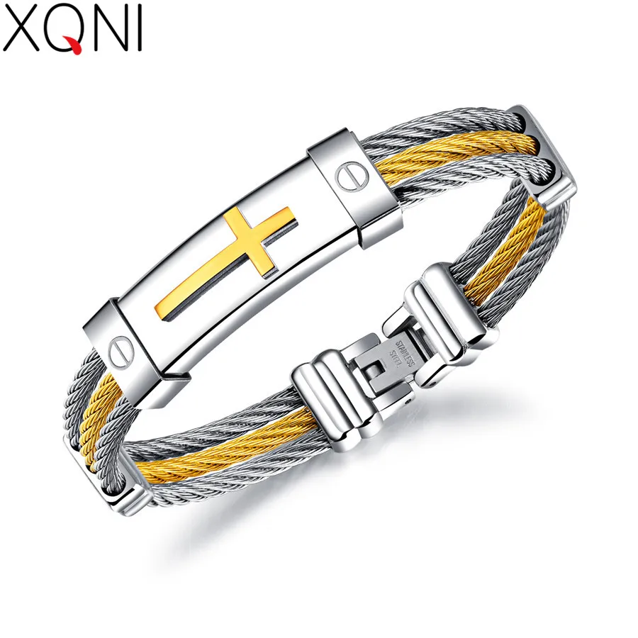 Мужской браслет XQNI трехслойный из нержавеющей стали золотого цвета с тросом и