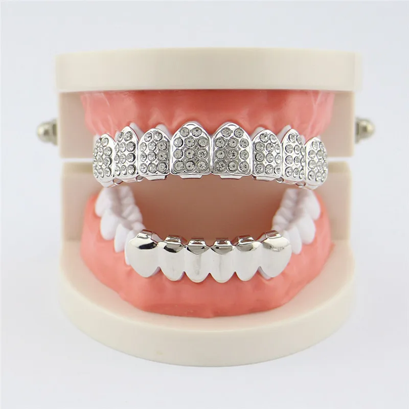 

Hip Hop Gold Color Crystal Teeth Grillz For Women Men Dental Top Bottom Tooth Caps Grills Halloween Cosplay Party Mouth Jewelry