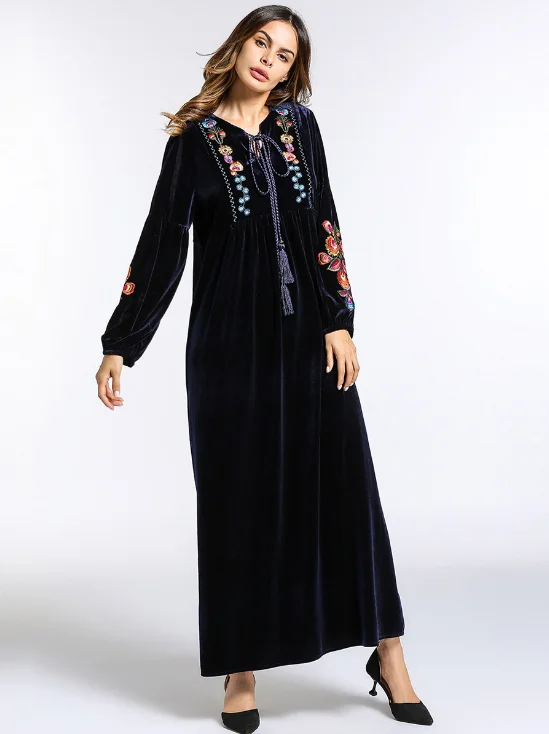 Женское платье макси с вышивкой вельветовое зимнее теплое Abaya свободный стиль