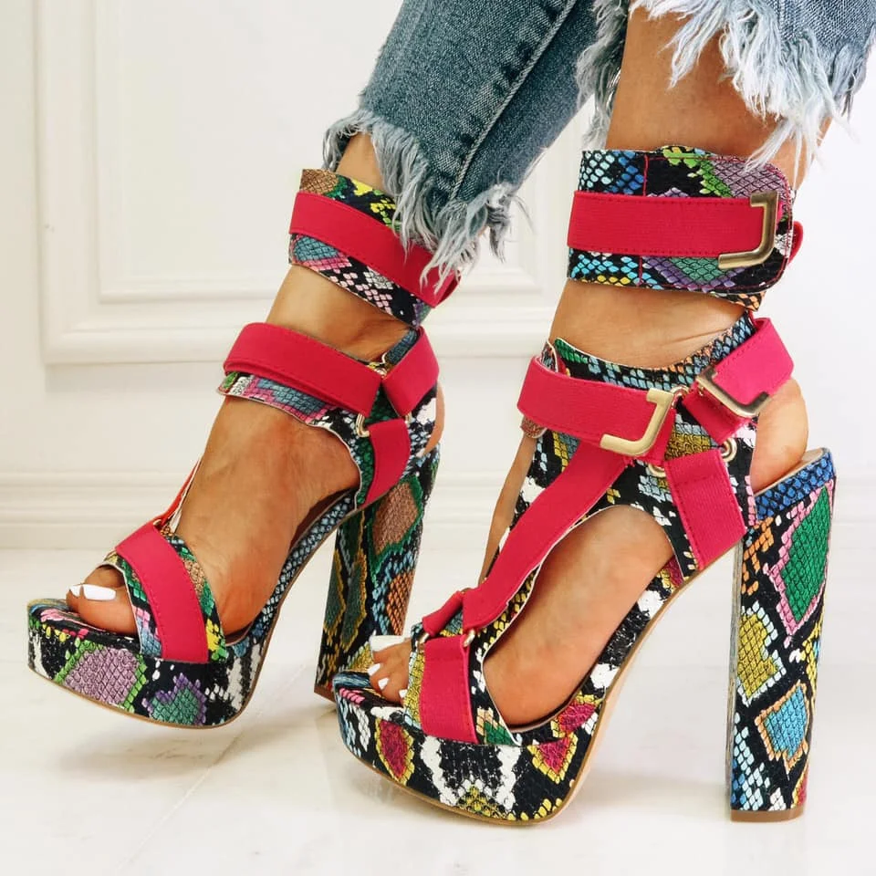 Женские босоножки из змеиной кожи Moraima на толстом каблуке с открытым носком и