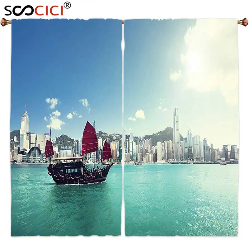 Оконные шторы обработаны 2 панелями парусник Декор Hong Kong harbor Skyline архитектура