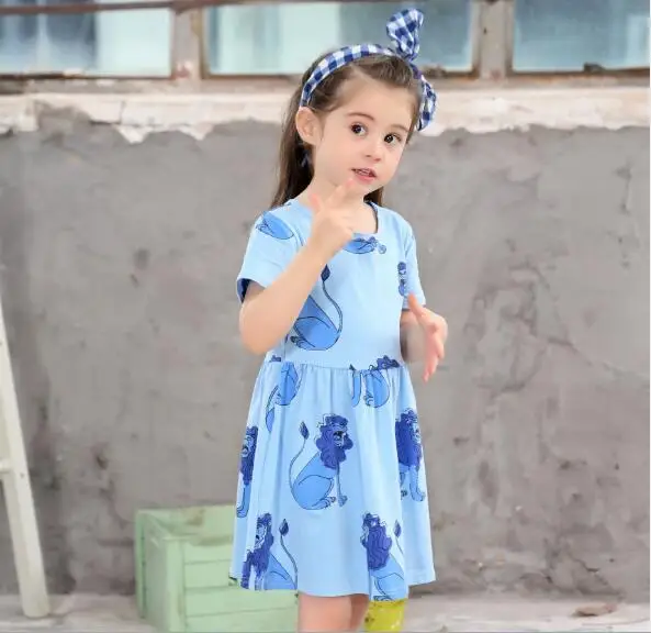Children kids Summer Dress Baby Girls Cartoon Lion Print Short Sleeve Princess Blue | Детская одежда и обувь