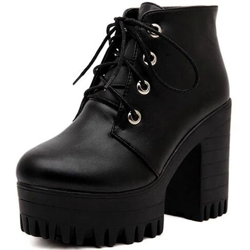 

Women Shoelaces Martin Boots Black Leather Ankle Booties Chunky High-Heeled Thick Bottom Waterproof Punk Boots Short Spring