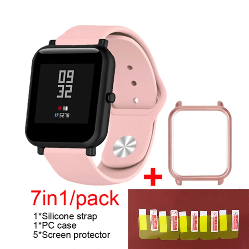 Pink 1 7в1 Мягкая силиконовая лента для Xiaomi Huami Amazfit Bip маленький ремешок браслет часы с PC чехол Защитная пленка для экрана - Цвет: Pink 1