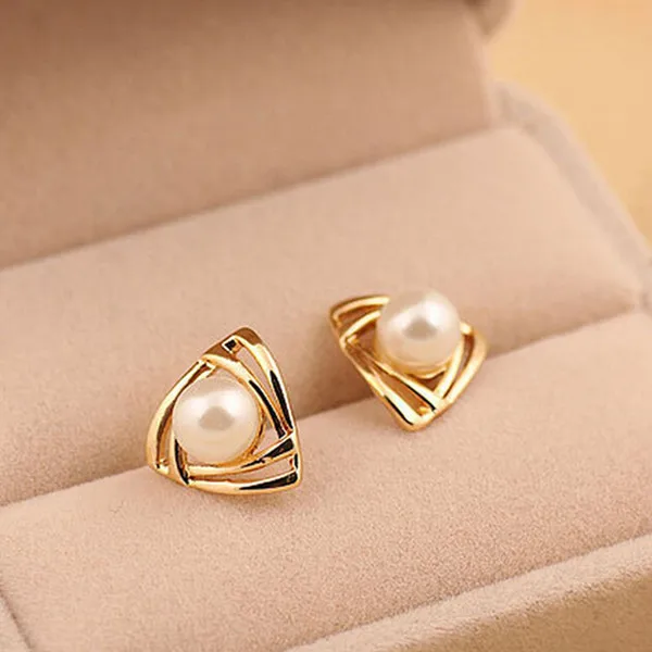 

SHUANGR Free Shipping White Simulated Pearl Elegant Stud Earrings Gold Filled woman's jewelryTR066