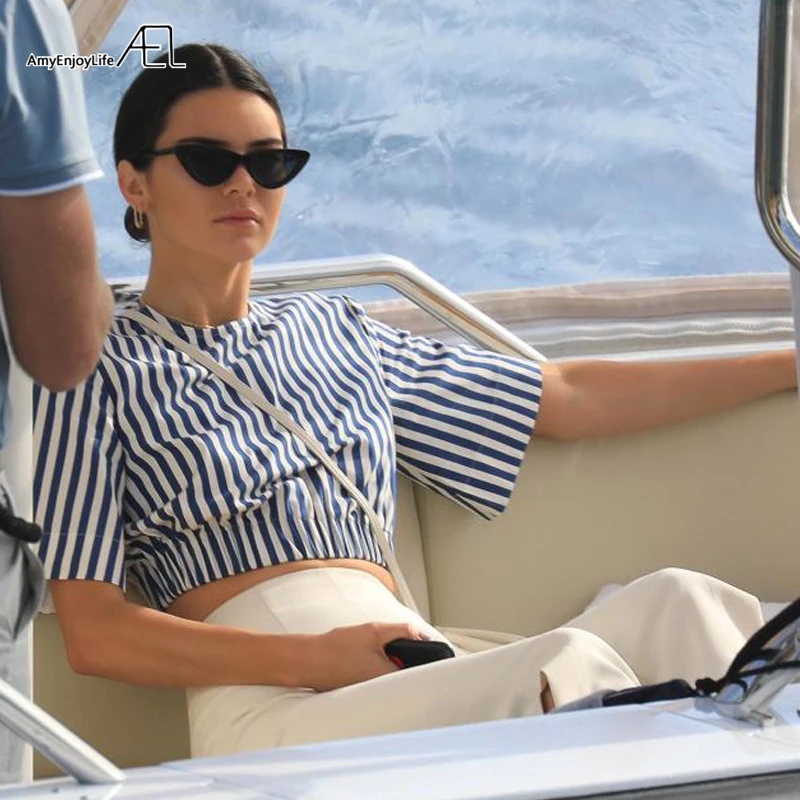 

AEL Stripe Short Sleeve Crop Top Women Midriff-baring Tops and White Tight Trousers Bell-bottoms Fashion 2019 Slim Pants Femme