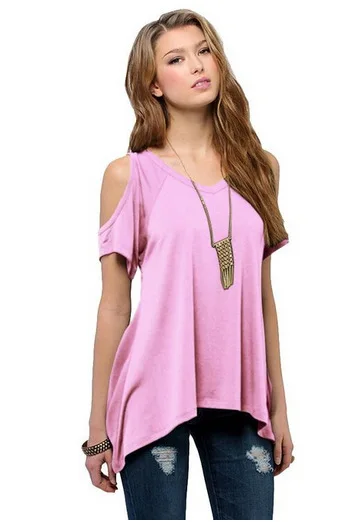 Летние топы с открытыми плечами футболки хлопковые женские v образным вырезом