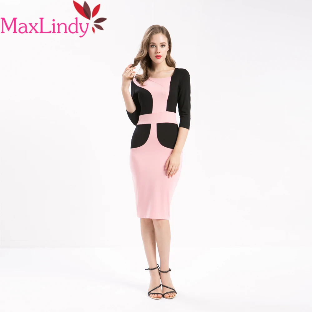 Maxlindy Женское платье элегантный Colorblock Bodycon Карандаш лоскутное тонкой v образным