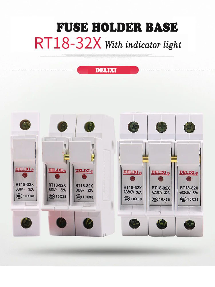 DELIXI RT18-32X AC 380V 1P 2P 3P 32A 380V DIN рейка цилиндр Предохранитель база подходит для 10x38 мм предохранитель с индикатором светильник