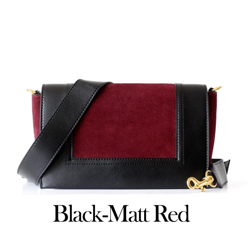 Black-Matt Red Женская сумка из натуральной кожи, брендовый стиль, Лоскутная сумка через плечо, коровья кожа, широкий ремень, сумка через плечо, Два ремешка - Цвет: Black-Matt Red