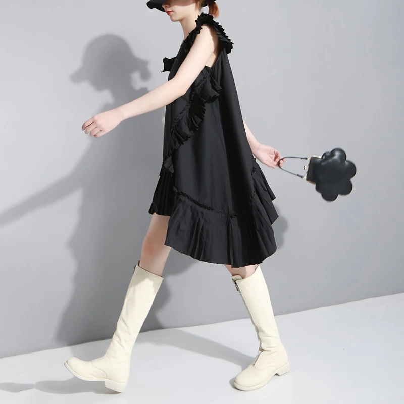 TWOTWINSTYLE Korean Solid Sleeveless Dress For Women O Neck Off Shoulder Oversized Ruffles Asymmetrical Dresses Female