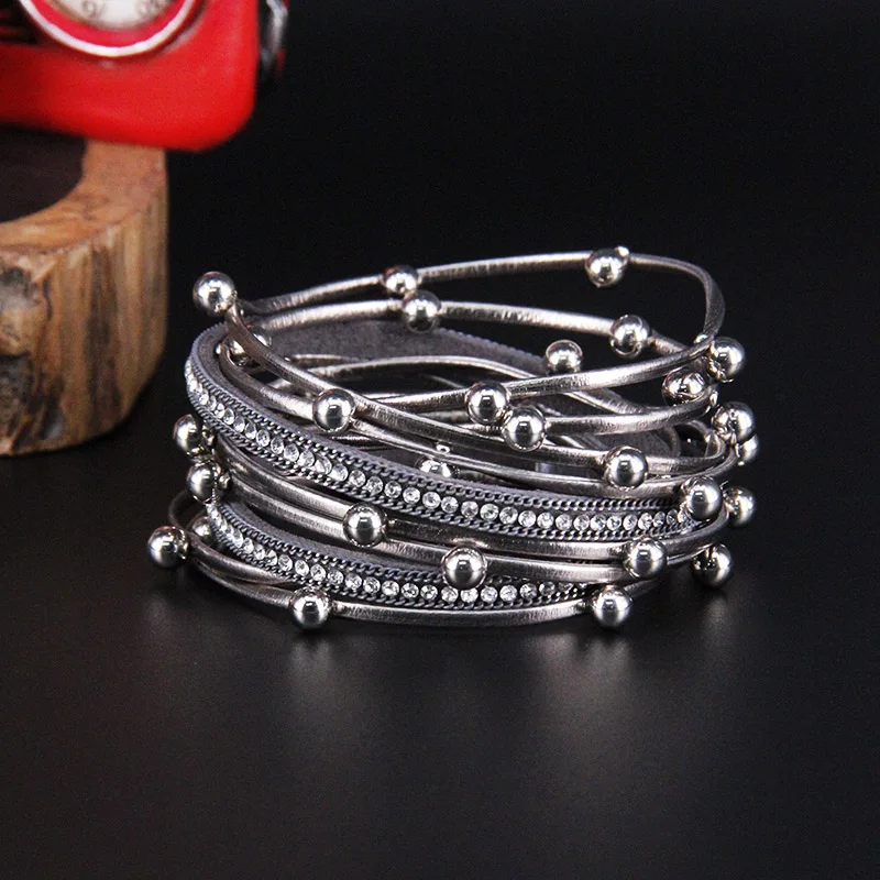 ZG Multilayer Leather Bracelets for Women Femme Crystal Metal Beads Charm Bohemian Style Bracelet Female Jewelry