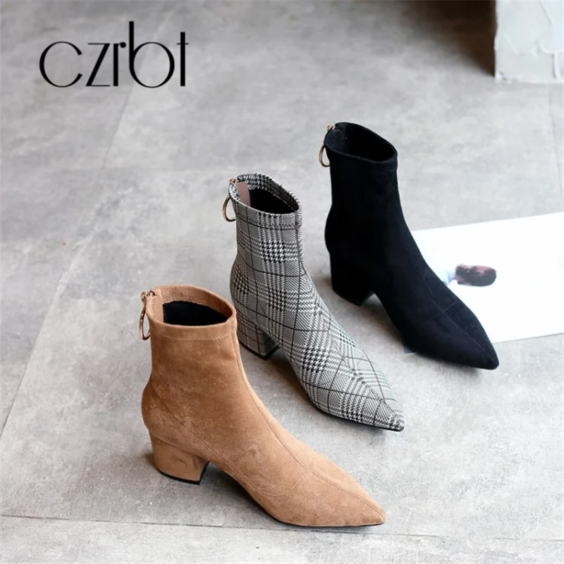 CZRBT 2018 Fall New Boots Women's Coarse Small Pointed Elastic Plaid Lady women | Обувь