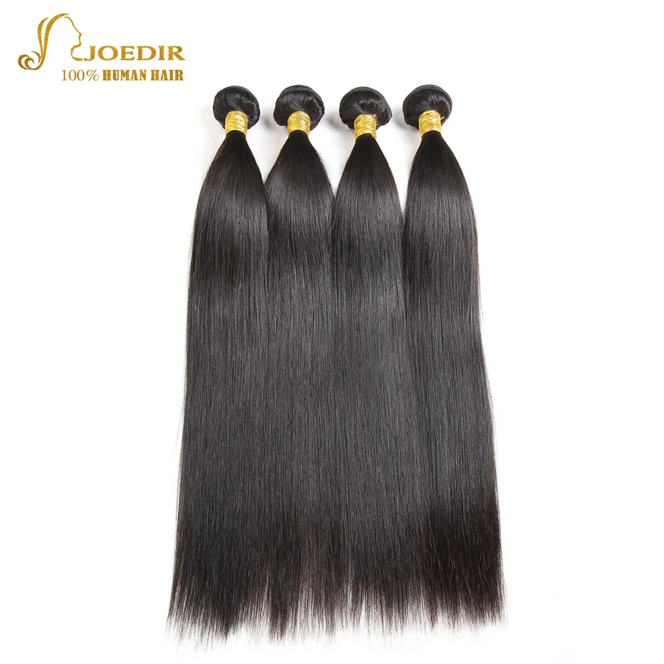 Joedir Indian Straight Weave with Closure Natural Black Free Part Human Hair Bundle Frontal 4 Bundles | Шиньоны и парики