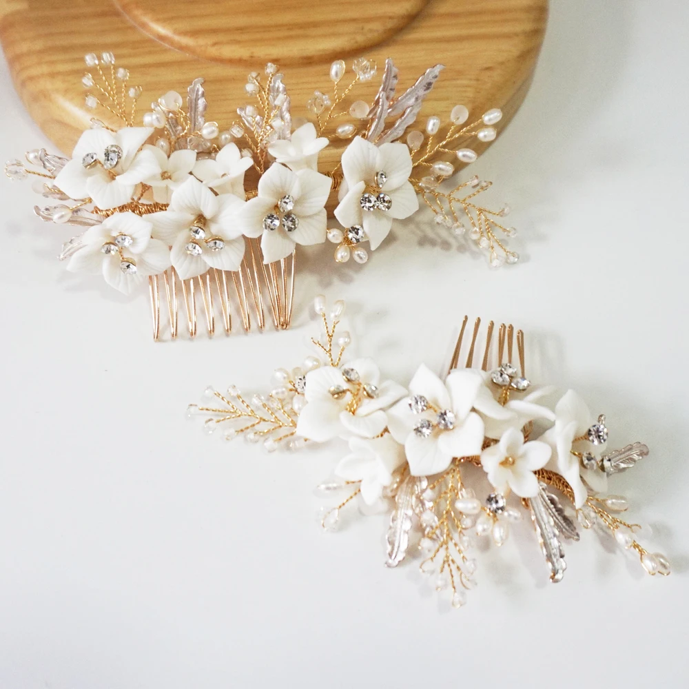 

Delicate Porcelain Flower Wedding Hair Comb Handmade Bridal Headpiece Brides Jewelry Women Party Prom Hair Accessories 2020