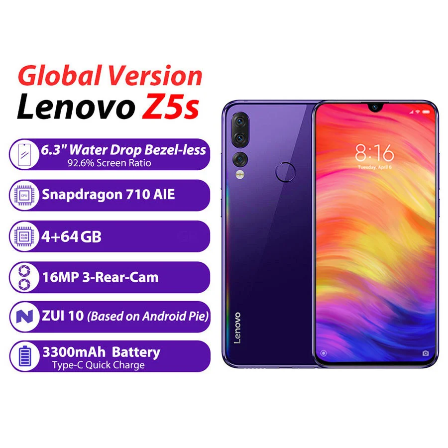 Смартфон Lenovo Z5s L78071 6 3 дюйма Android P распознавание лица Notch Screen 4 ГБ 64 Snapdragon 710