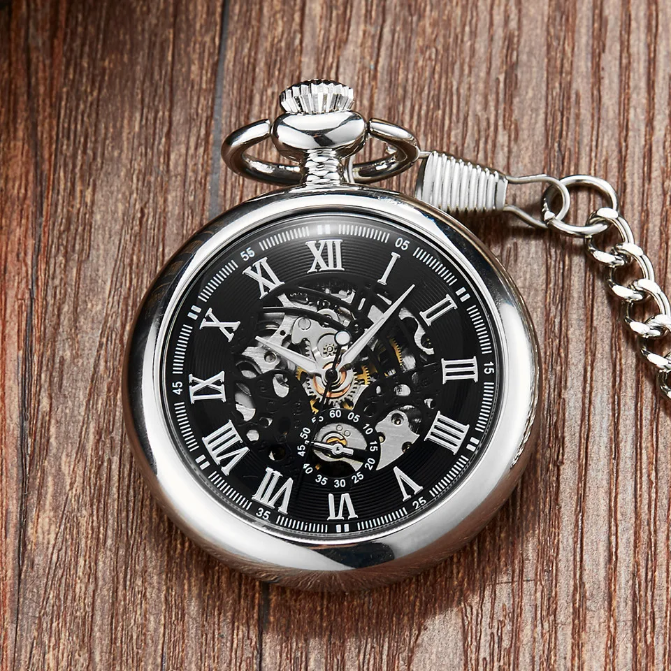 Simple Silver Smooth Mechanical Pocket Watch Men Hollow Skeleton Dial Unique Roman Numerals Steampunk Mechanical Watch FOB Chain