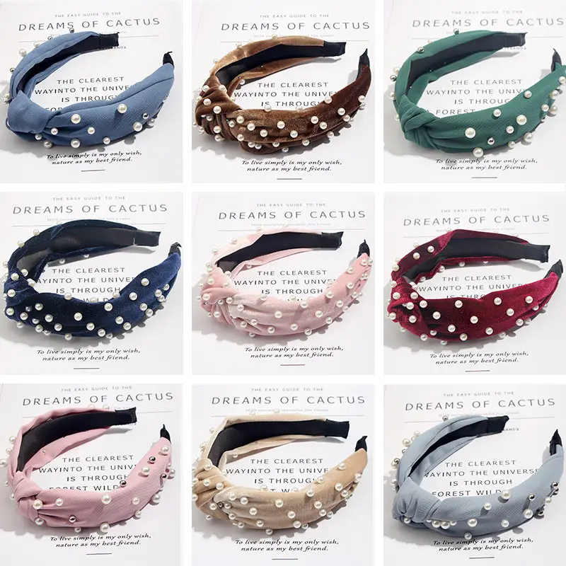 Bohemian Solid Color Soft Velvet Center Knot Wide Pearl Hairband Ladies multiple color Knotted Hairband Hair Accessories