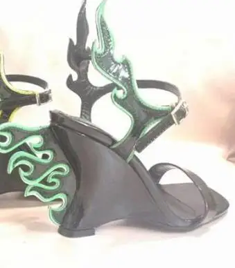 black green wing Stylesowner/Новинка; стильные женские летние босоножки; туфли на высоком каблуке; Туфли на танкетке с открытым носком; пикантные вечерние туфли из натуральной кожи - Цвет: black green wing