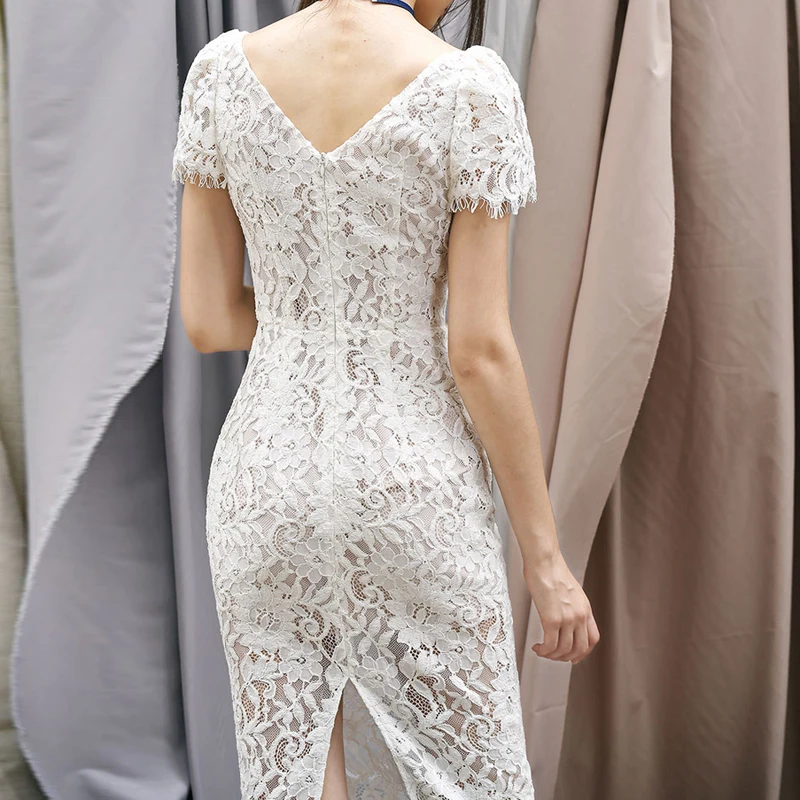 Женское кружевное платье-миди Max Spri Белое Облегающее вечернее платье с короткими