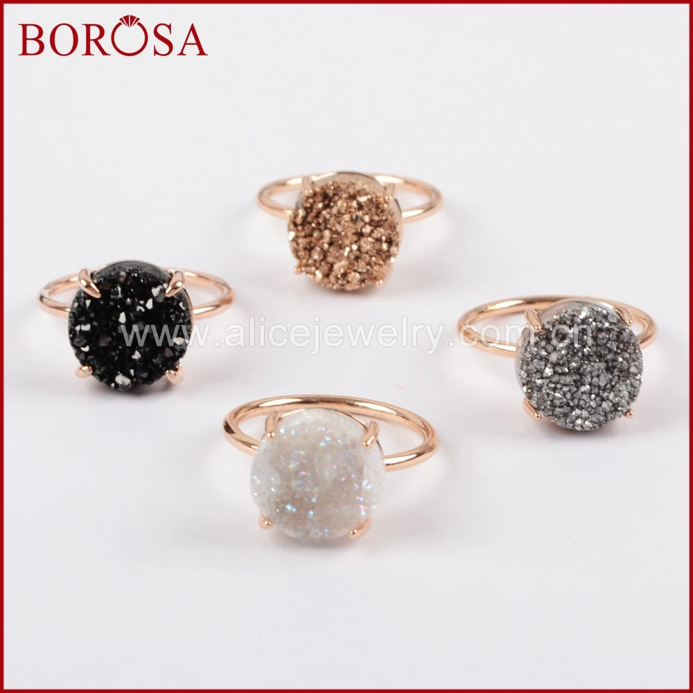 

BOROSA 12 мм круглый розовый золотой цвет коготь титана природные друзы кольцо, мода Друза Радуга Кристалл драгоценные камни вечерние ЦО вечеринки ювелирные изделия ZG0166
