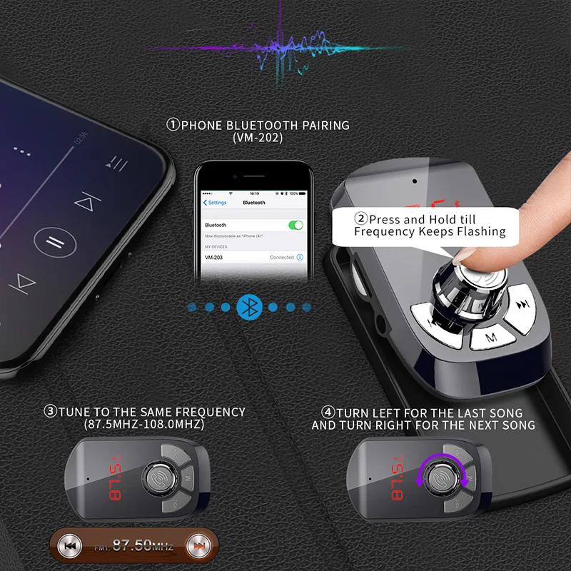 Беспроводной адаптер Voulttom для автомобиля, fm-передатчики, Bluetooth 4,2, MP3, музыкальный плеер, TF, флеш-музыка, 5 В, 2,4 А, USB зарядное устройство для автомобиля