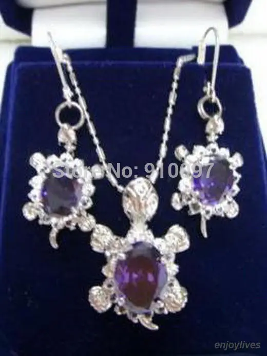 LHX54013&gt Аметист Кристалл Белый позолоченный черепаха кулон ожерелье серьги