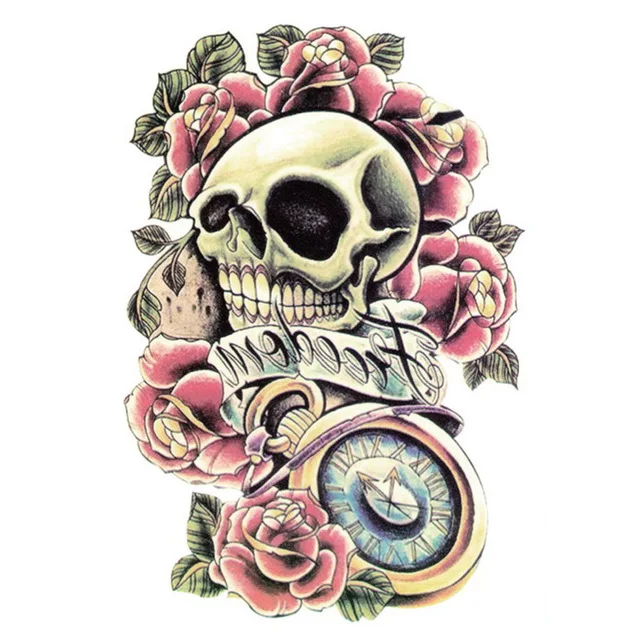 

Hot ! Sexy Rocker Waterproof Temporary Tattoo Skull Clock Roses Armband Tattoo Sticker Men Women large size 21*14.5cm